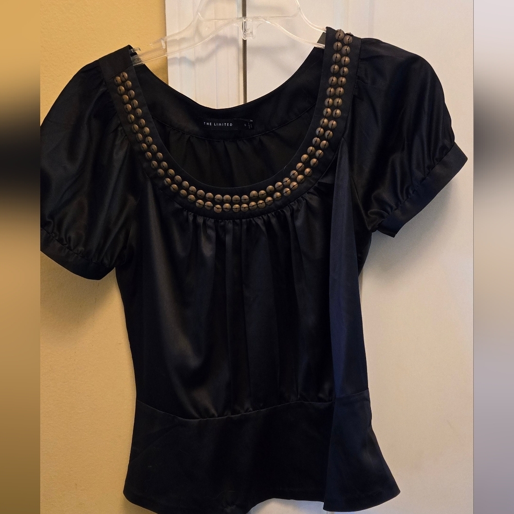 The Limited Black Womens Peplum Gold Stud Embellished Blouse